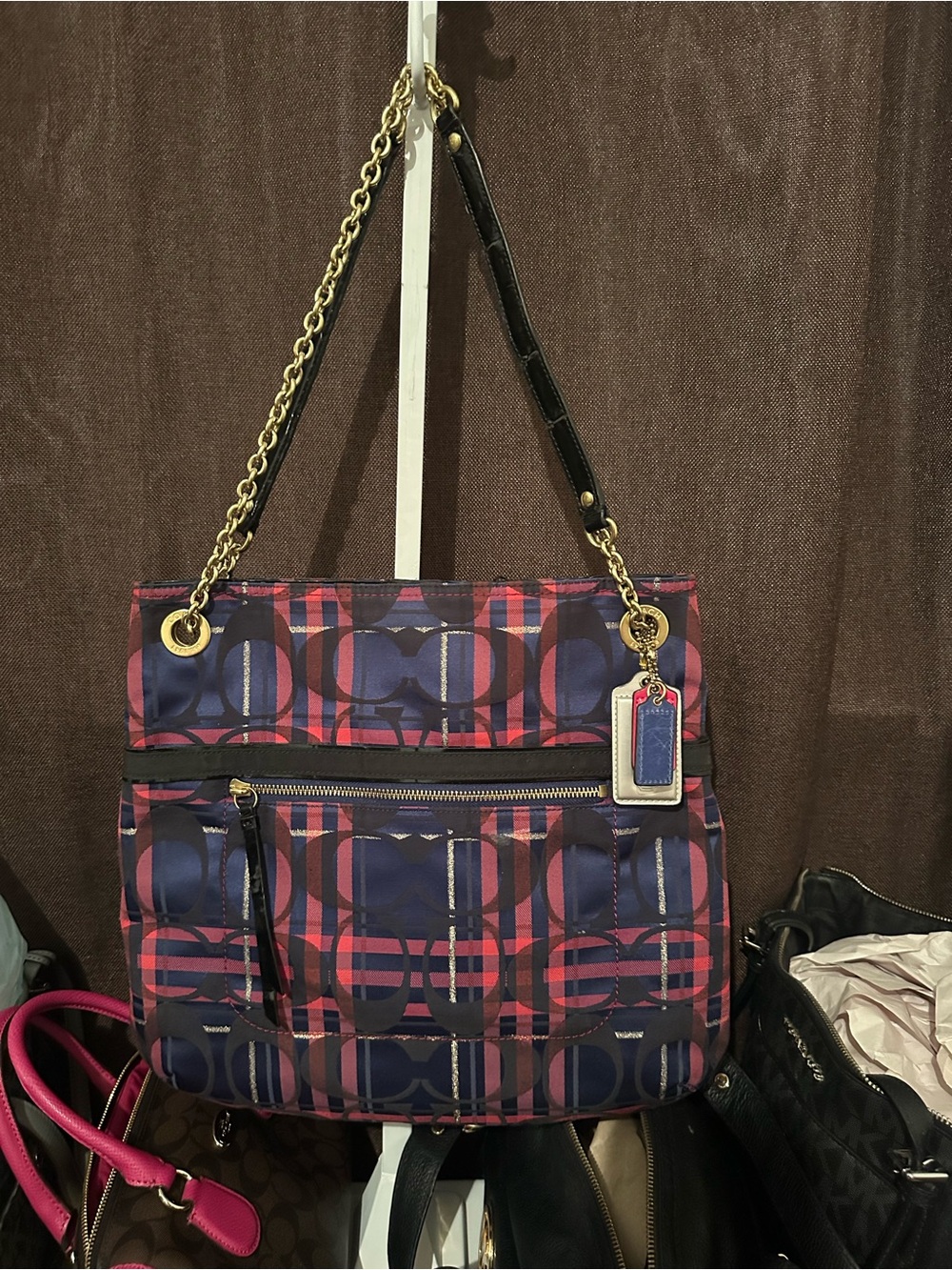Coach Navy and Pink Plaid Shoulder Bag with Gold Chain